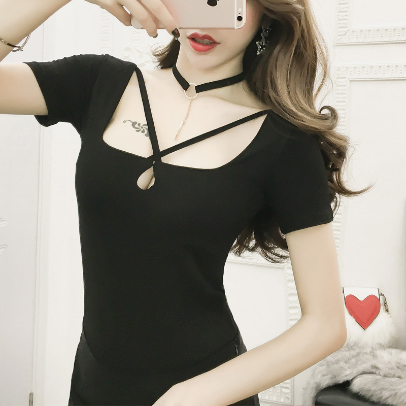 2022夏新款低胸装露胸深v紧身镂空上衣性感夜店显瘦短袖t恤女