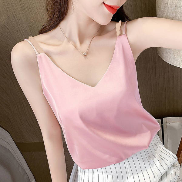 缎面仿真丝吊带背心女内搭短款宽松外穿夏季v领上衣性感打底衫