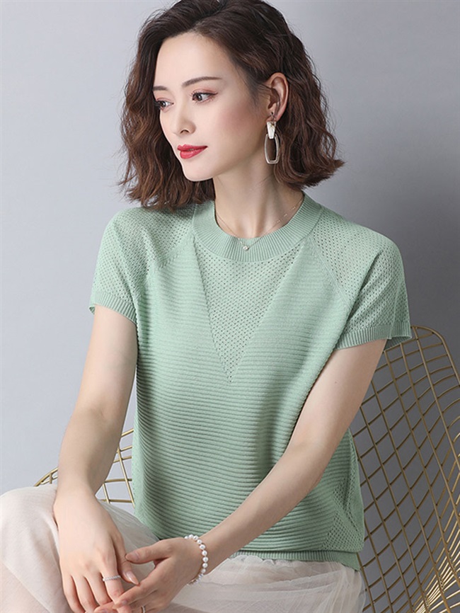 冰丝针织衫短袖t恤女装2021年新款夏装中年妈妈薄款半高领t桖上衣