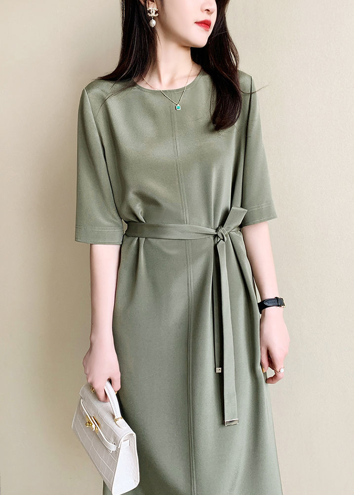 纯色雪纺连衣裙女装2021夏季新款圆领中袖时尚简约系带裙子