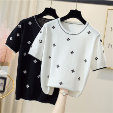 批发实拍大码女装新款胖mm时尚提花短袖宽松冰丝T恤针织上衣