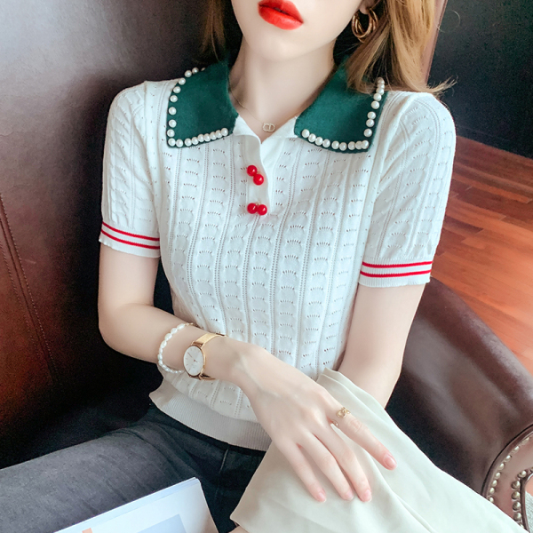 KM14546#白色短袖冰丝针织T恤女夏钉珠洋气韩版重工提花上衣轻熟女装