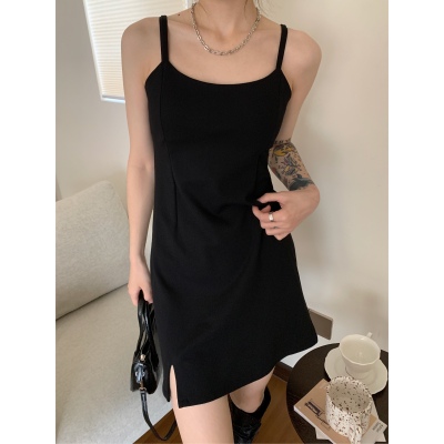 实拍实价侧开叉黑色抹胸吊带连衣裙女夏甜美小个子法式内搭a字裙