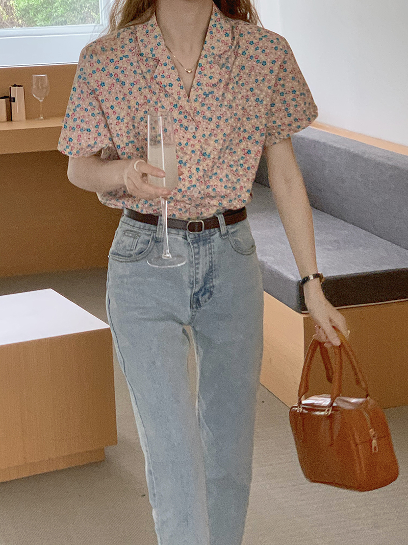 实价实拍三标齐韩版碎花衬衣女夏季宽松休闲西装领短袖衬衣