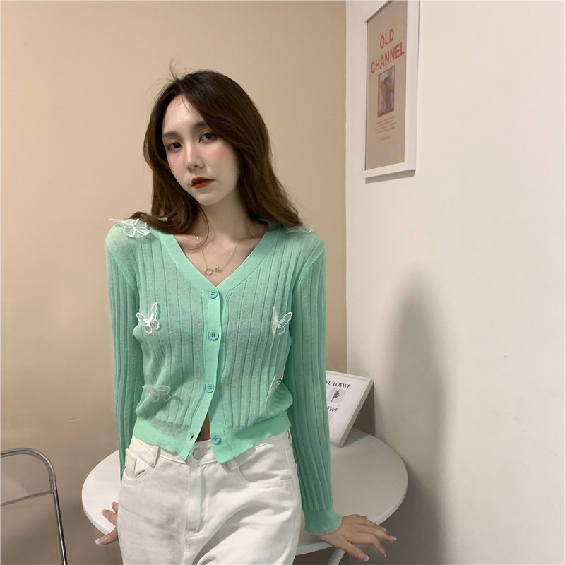 实拍温柔风喇叭袖立体蝴蝶冰丝针织薄款长袖v领防晒开衫女空调衫
