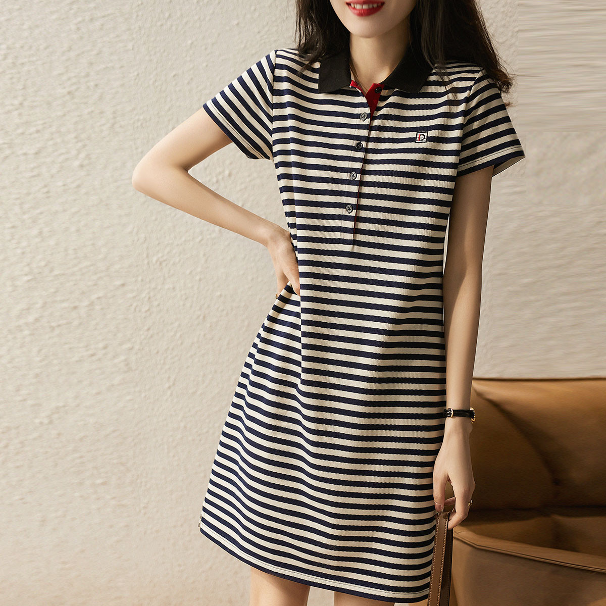 笑涵阁 polo领百搭条纹连衣裙女2021年夏季显瘦时尚中长a字裙潮