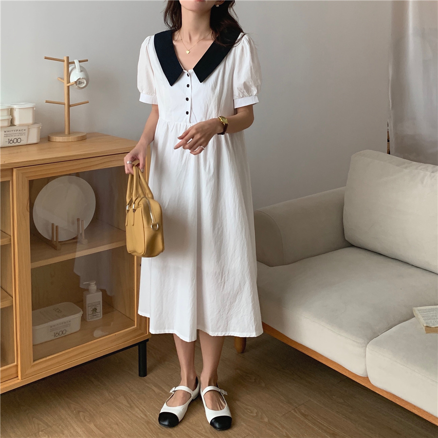 재고 있음 실사 미니멀리즘 배색 패치워크 작은 폴로 칼라 싱글 줄 버튼 풀오버 반팔 무릎 아래 드레스
