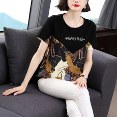 批发短袖T恤女宽松上衣2026夏新款雪纺拼接<b class='q'>中年</b>妈妈印花<b class='q'>大码</b>遮肚子t桖