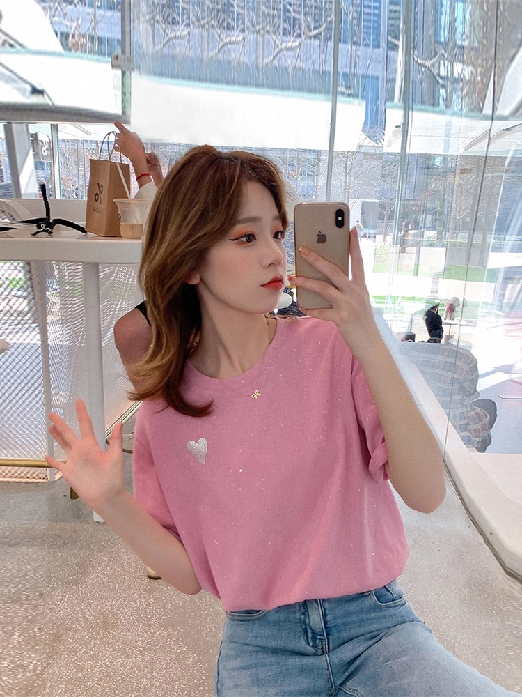 xiaoguli爱心烫金闪闪短袖t恤女夏2021新款个性宽松百搭圆领上衣