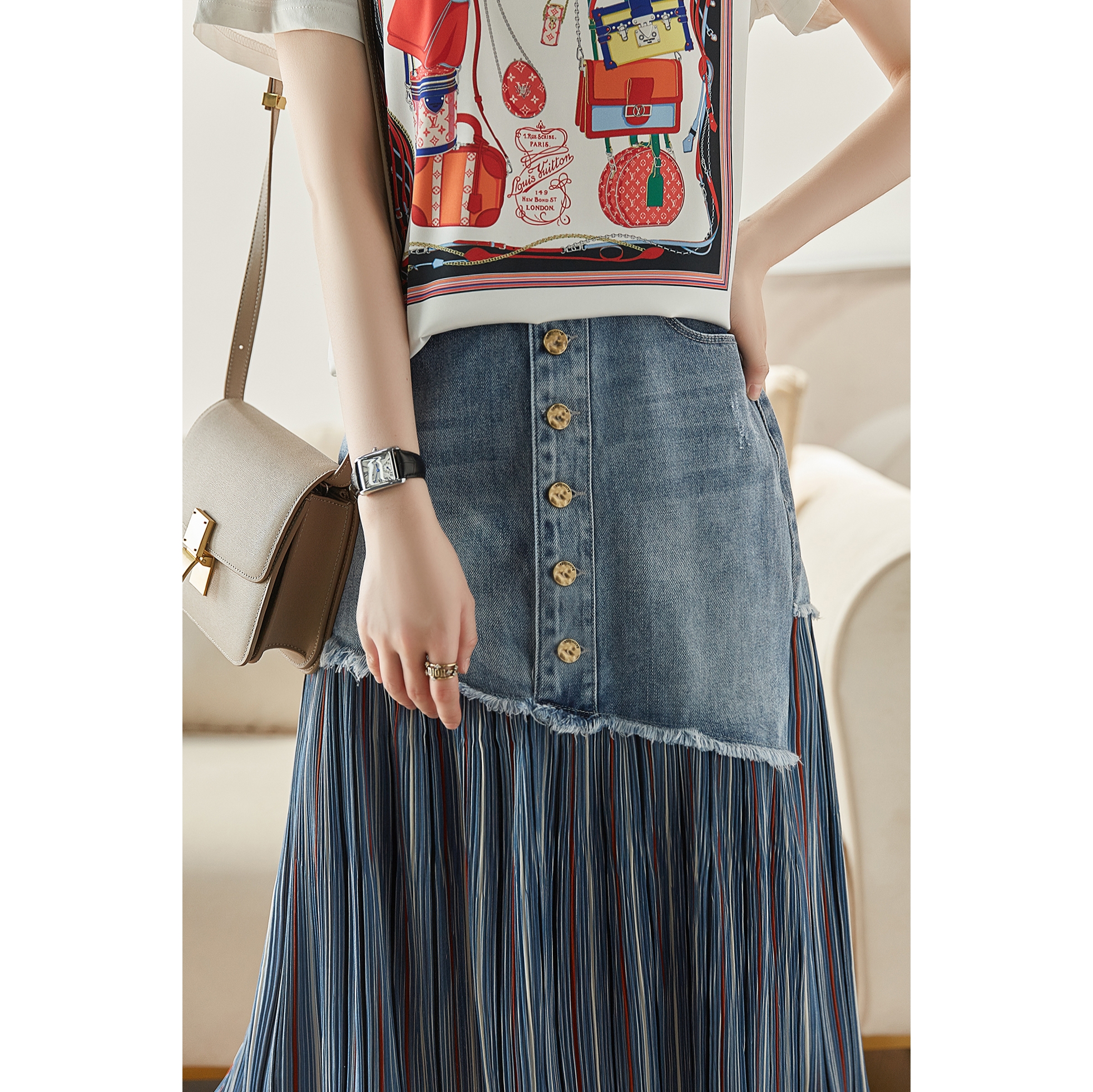 薄牛仔半身裙女 夏新款显瘦包臀裙 中长款百褶拼接遮胯高腰半裙子