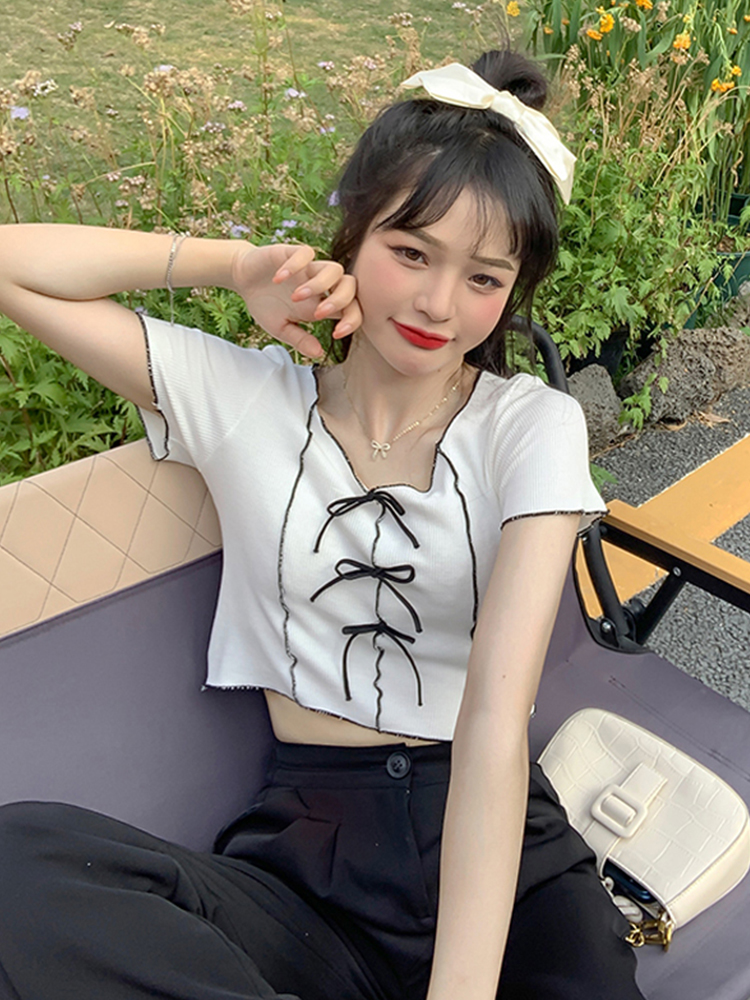 女装短款夏季瘦版2021新款炸街蝴蝶结心机学生小上衣_悦悦毛织xyuemz