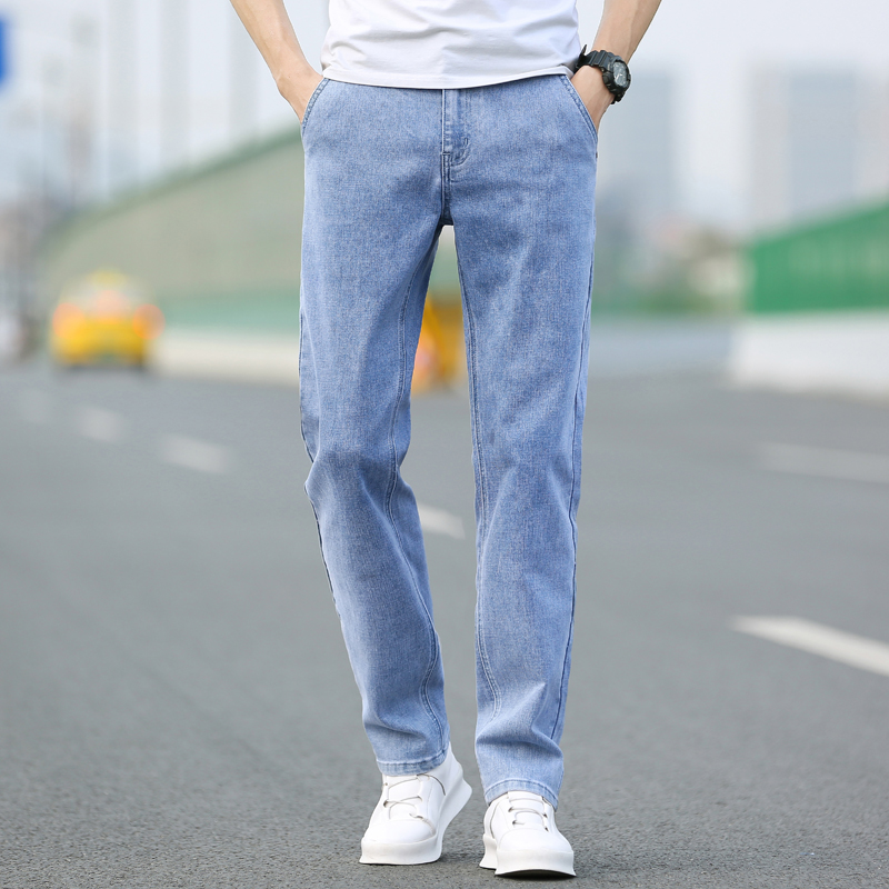 2021夏季薄款牛仔裤男宽松直筒浅蓝色男式牛仔长裤大码休闲牛仔裤