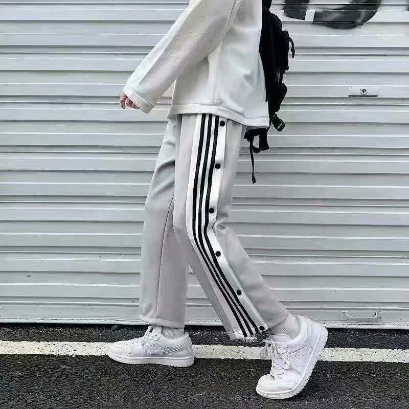 网图阔腿裤男士直筒裤侧排扣裤宽松篮球裤运动裤春