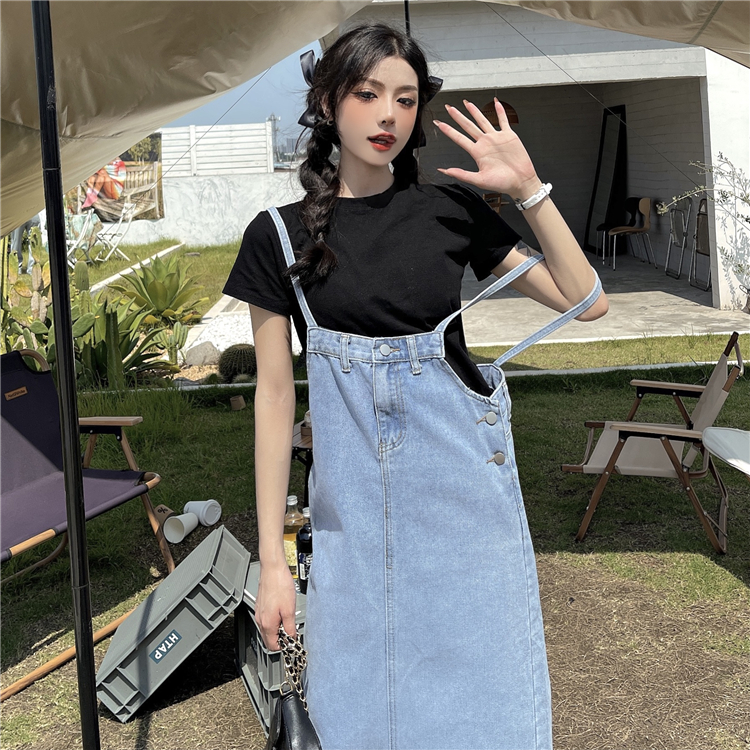 实拍网红吊带牛仔裙连衣裙背带女中长款小个子薄款夏季可甜可盐