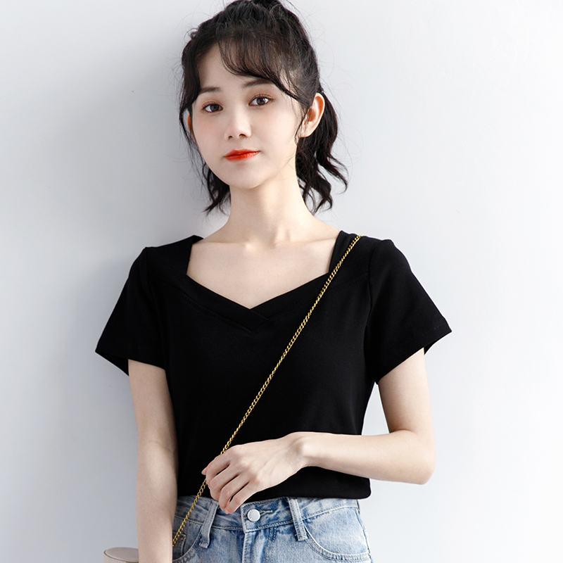 官图 实价 6535棉 露锁骨v领短袖t恤女夏修身显瘦黑色体恤