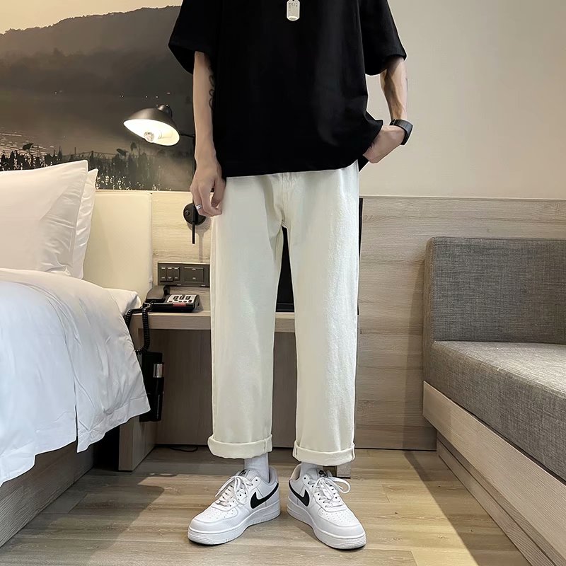 实拍高街牛仔裤男休闲九分裤夏直筒阔腿老爹裤百搭宽松青年休闲裤