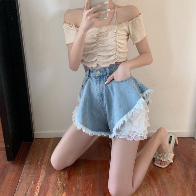 大码蕾丝牛仔短裤女2021年新款夏装胖妹妹mm高腰荷叶边宽松伞形裤