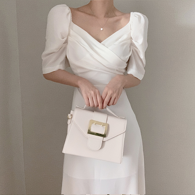 Rarove Retro V-neck Slim Waist Women Dress Elegant Puff- Sleeve White