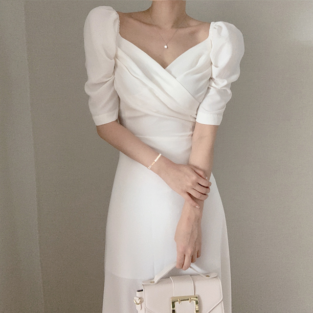 Rarove Retro V-neck Slim Waist Women Dress Elegant Puff- Sleeve White
