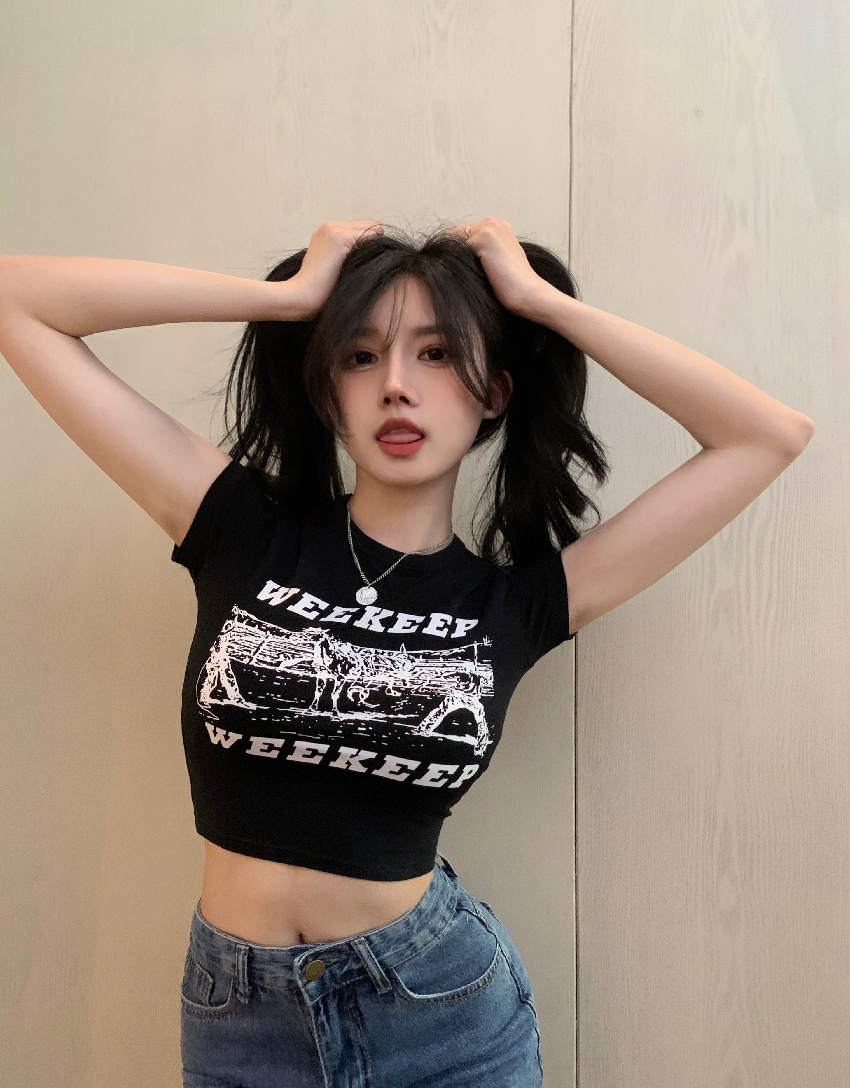 实拍 甜酷百搭弹力短款上衣辣妹印花t恤高腰