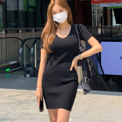 한국 동대문 2026 여름 새로운 외국 가스 구덩이 스트라이프 ju 슬림해 보이는 V넥 신축성 몸매 가꾸기 드레스 pj