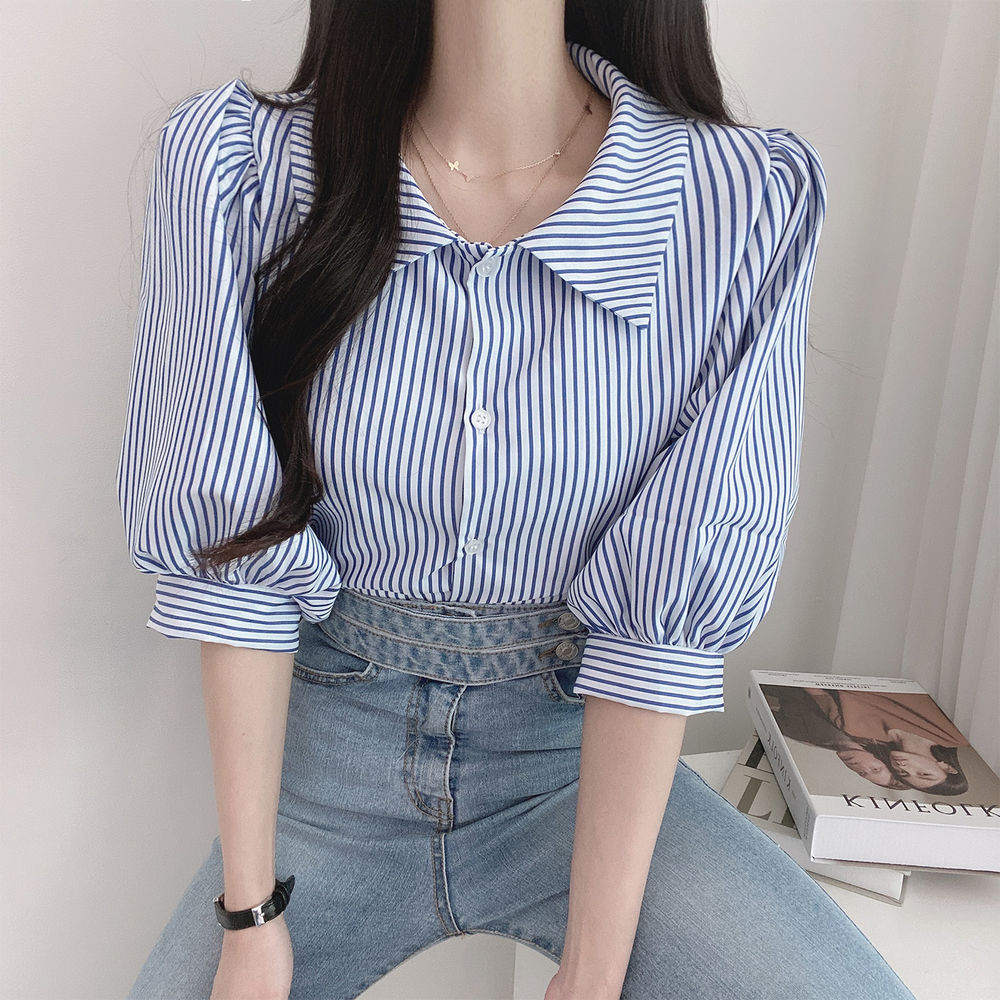 재고 있음 한국 ins 여름 레트로 5 점 소매 스트라이프 여성 셔츠 셔츠
