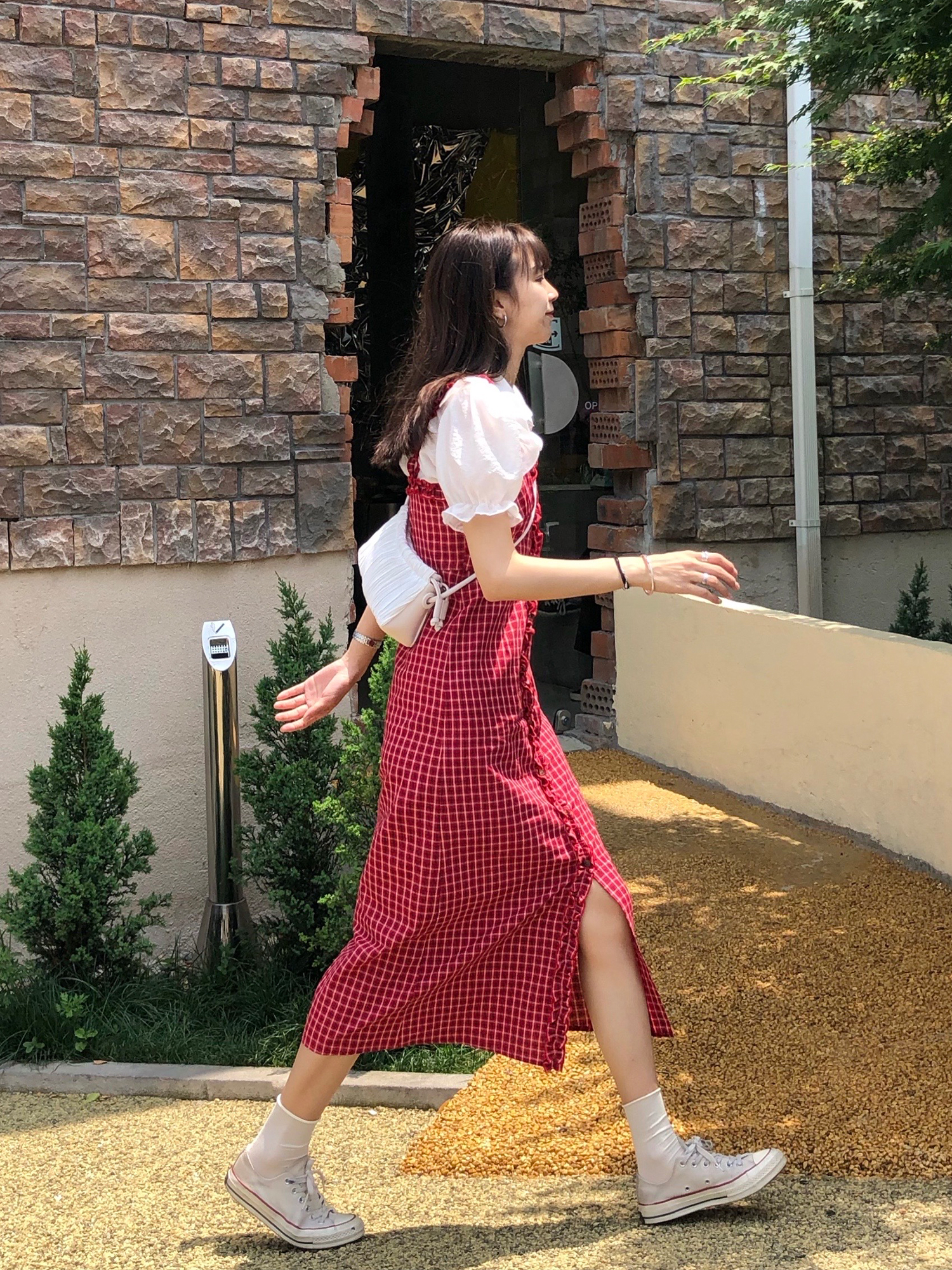 cactishop 首尔oni 吊带裙夏甜美减龄长款连衣裙外穿红格子背带裙