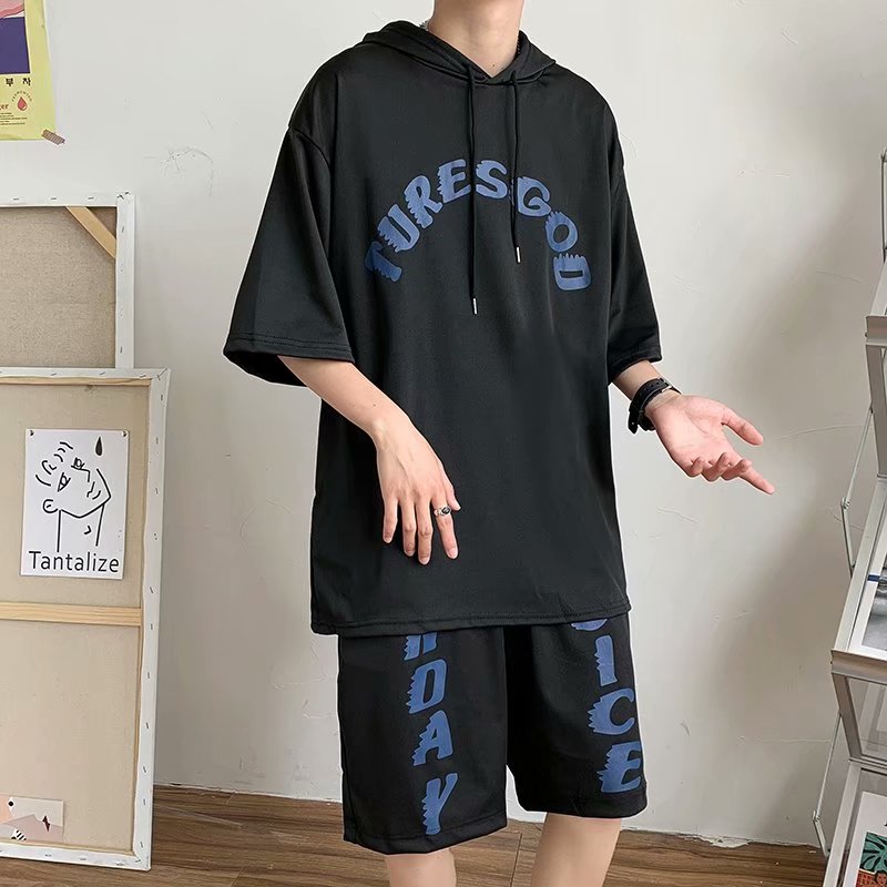 实拍休闲短裤男夏外穿五分裤男士宽松连帽短袖男百搭帅气运动套装