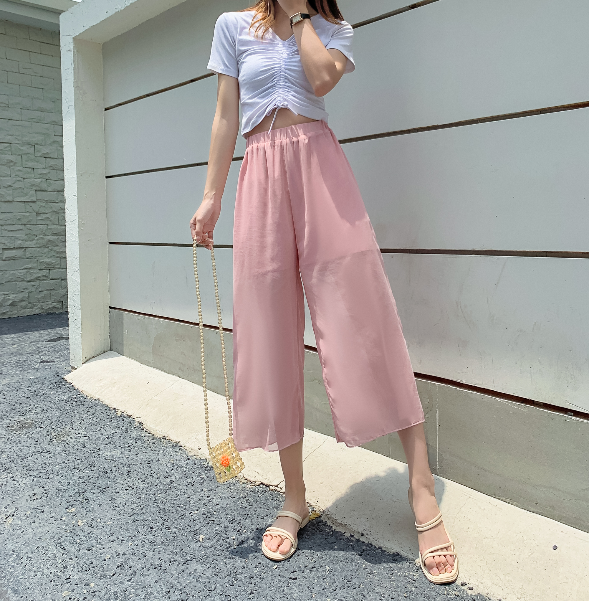 实拍 雪纺阔腿裤女高腰九分垂感夏季薄款休闲女裤显瘦