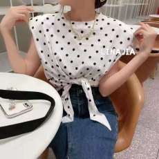 韩国东大门2021夏季新款女减龄可爱系带波点垫肩无袖背心T恤