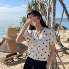 批发时尚减龄2026春装新款气质上衣女短袖收腰小衫立体球球<b class='q'>手工</b>针织衫