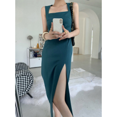 批发WANGXO 似水年华 方领<b class='q'>连衣裙</b>侧开叉收腰显瘦吊带背带无袖中长裙