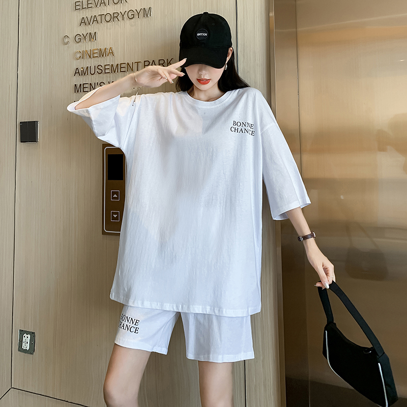 实拍 2021夏季新款韩国宽松字母短袖t恤女休闲短裤女纯棉套装