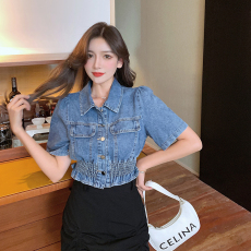 实拍现货~短款设计感牛仔衬衫女2023夏季新款休闲韩版短袖上衣