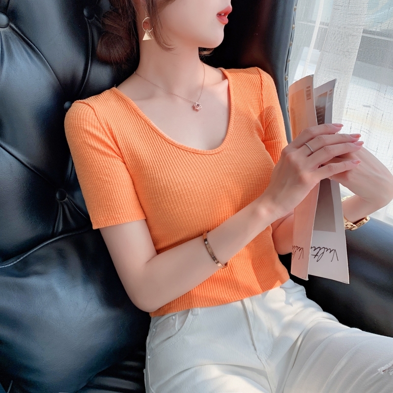 实拍#螺纹v领短袖t恤女夏装2021年新款紧身锁骨高腰短款上衣ins潮