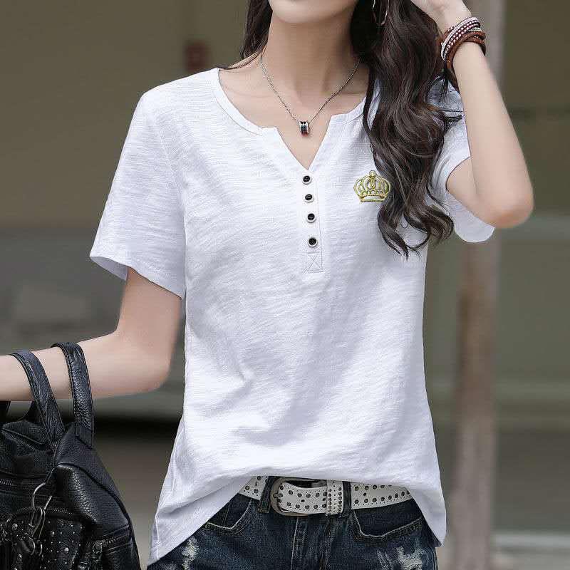 实价大量现货100%纯棉短袖t恤女竹节棉宽松韩版百搭v领女士