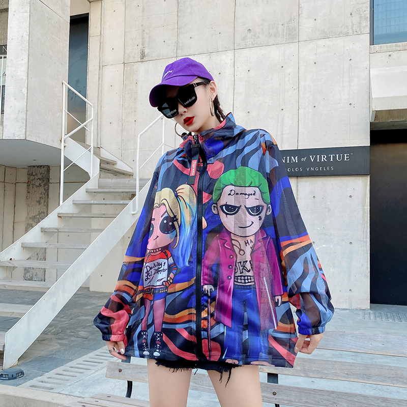 潮牌女装2021夏季新款创意印花拼接连帽长袖防晒衫空调衫