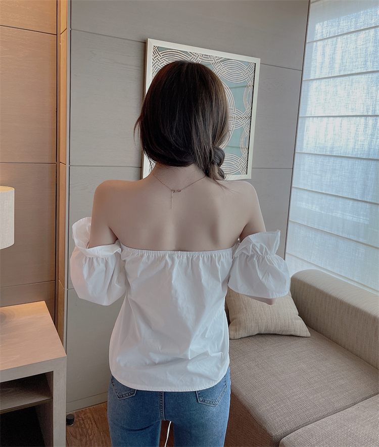 实价实拍 现货 ins小心机一字肩喇叭袖露锁骨抽绳皱褶上衣衬衫女