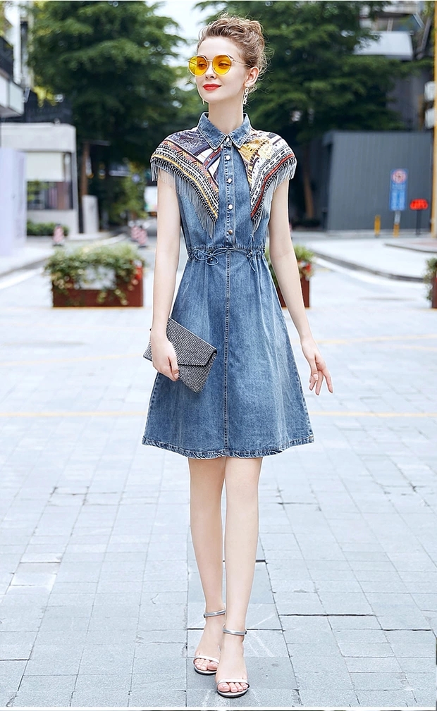 欧洲站2021夏季新款收腰显瘦气质牛仔裙松紧腰时尚洋气牛仔连衣裙