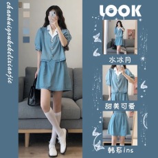 ins夏装新款鬼马少女韩系简约风牛仔衬衫网红小个子气质短裙套装