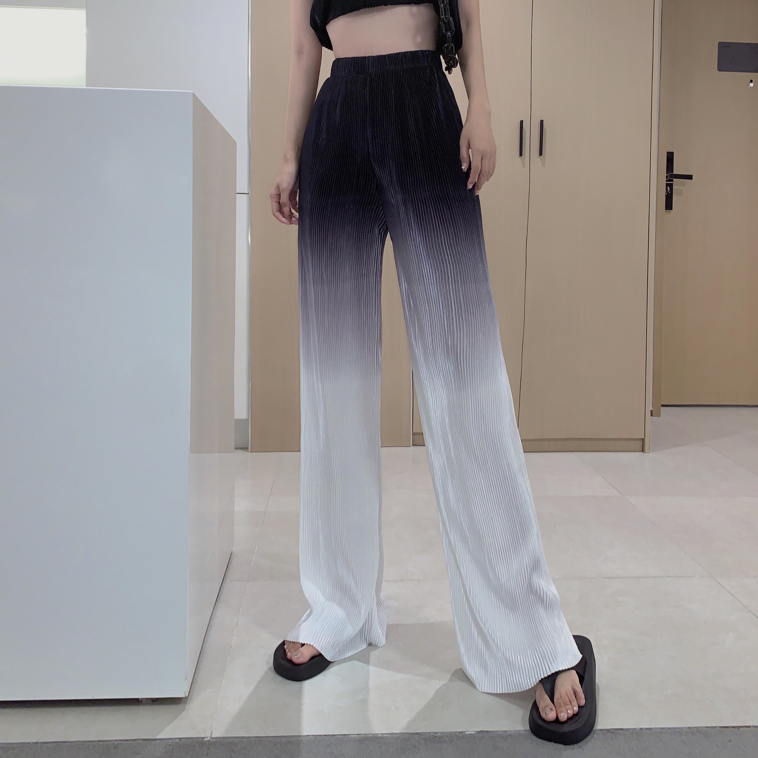 实拍实价设计感渐变色高腰阔腿裤垂感宽松直筒裤 无肩带抹胸套装