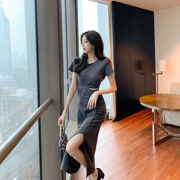 RM18626#新款侧露腰褶皱不规则设计感韩版纯色收腰显瘦开叉中长裙