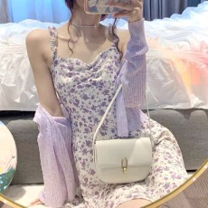 2021年新款女夏茶歇法式初恋甜美小清新紫色碎花吊带连衣裙子套装