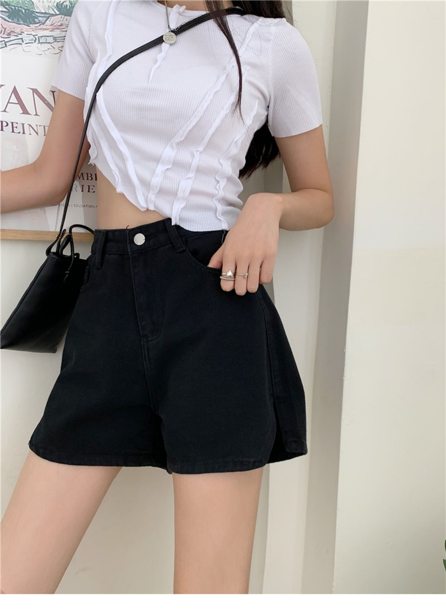 黑色牛仔短裤女薄款微胖女孩穿搭宽松阔腿显瘦高腰开叉大码a字裤_坤贤