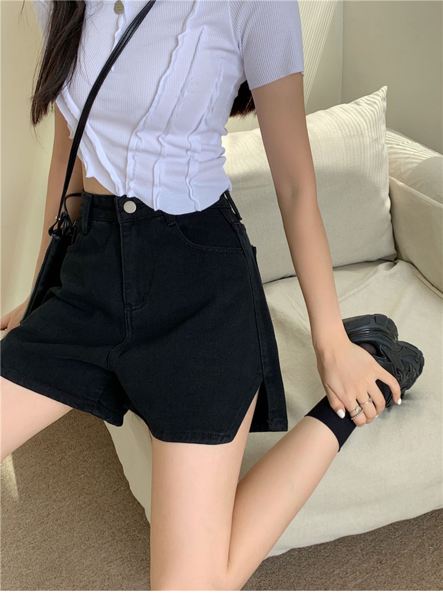 黑色牛仔短裤女薄款微胖女孩穿搭宽松阔腿显瘦高腰开叉大码a字裤_坤贤