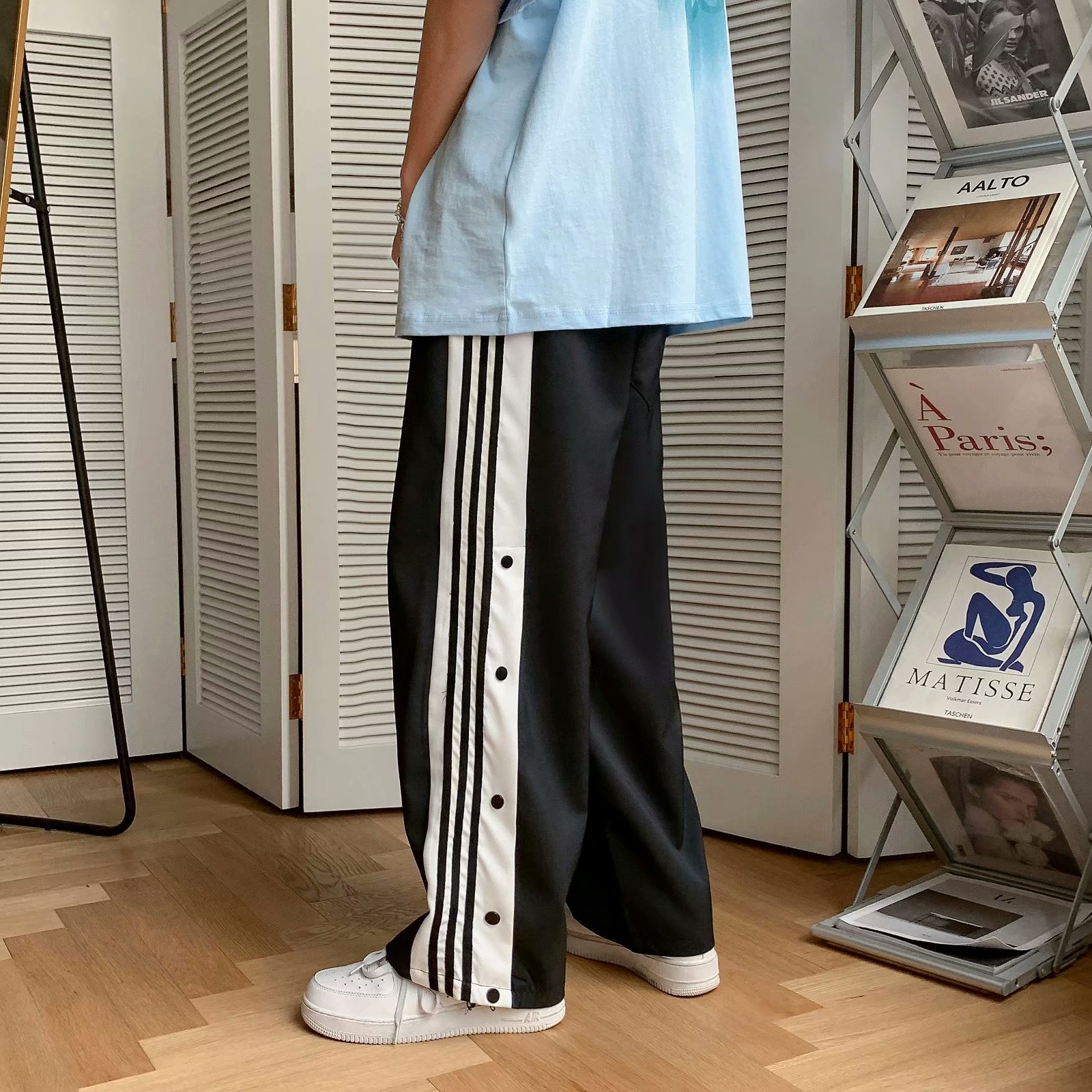 实拍高街vibe裤子美式阔腿排扣裤hiphop九分裤男夏季薄款坠感休闲