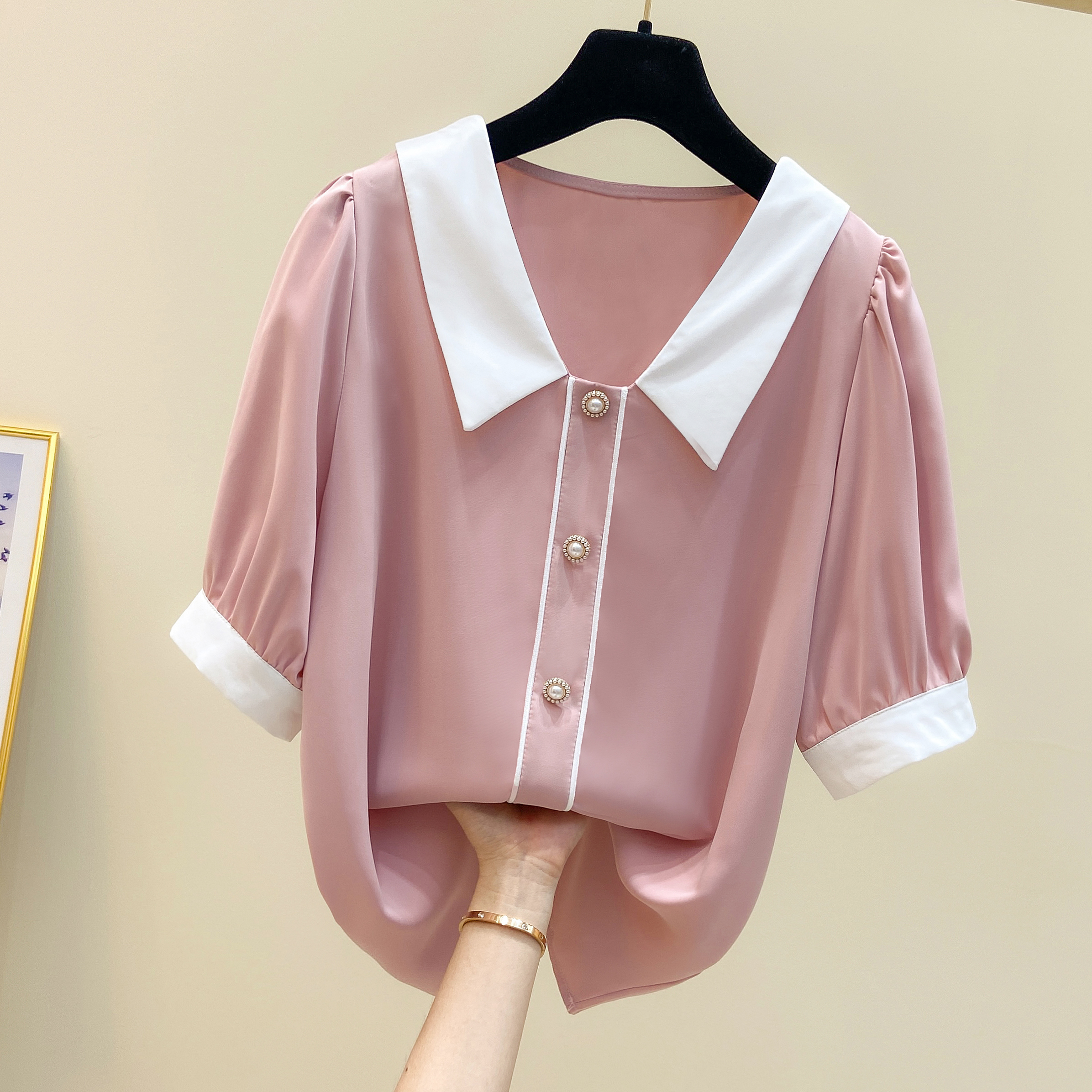 挂拍#大码女装夏季新款娃娃领雪纺衬衫女胖mm洋气气质小衫上衣