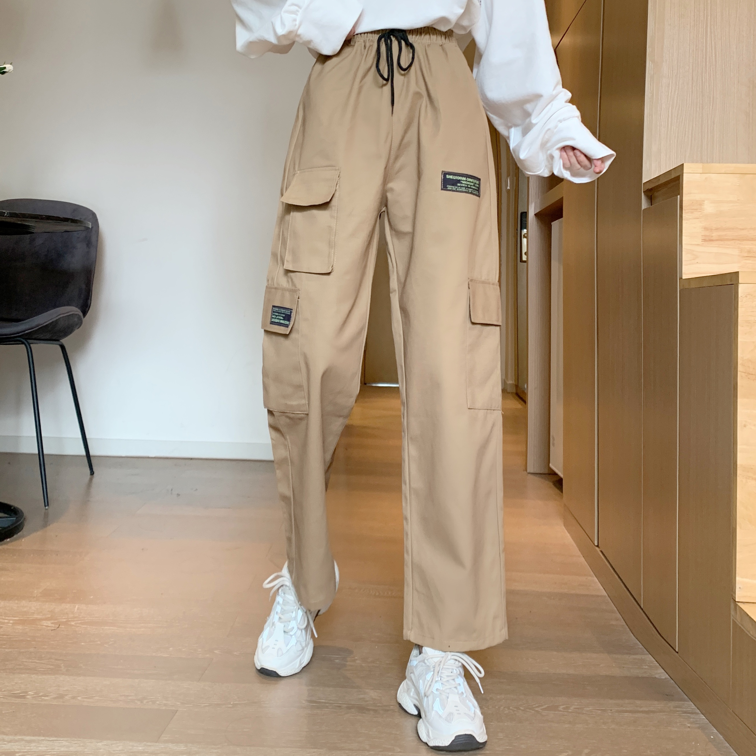 实拍2021新款多口袋高腰显瘦工装裤女直筒宽松bf休闲阔腿裤