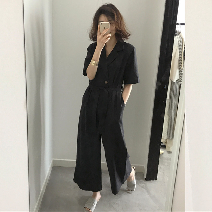 简约修身西服领中袖阔腿连身裙裤2021夏新腰带收腰显瘦亚麻连体裤