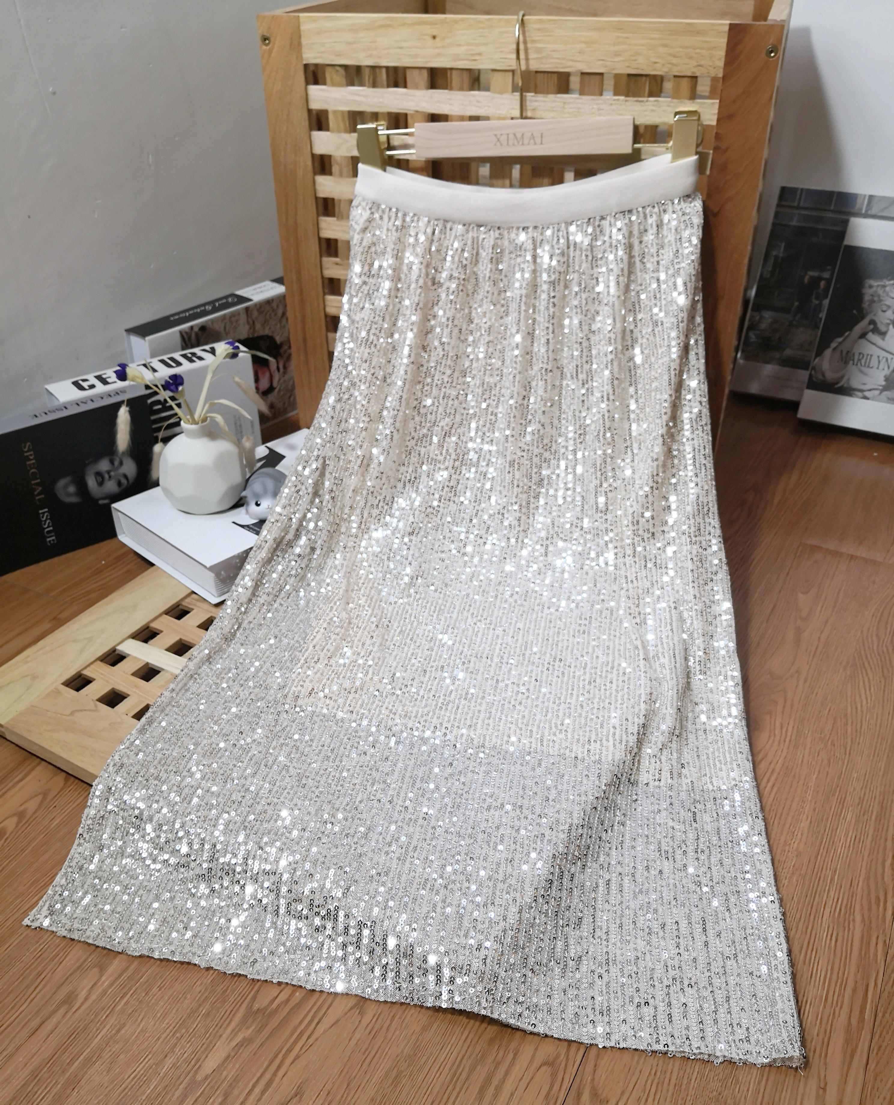 sasa人鱼亮片中长款半身包臀裙女夏2021新款高腰裙子一步裙bling